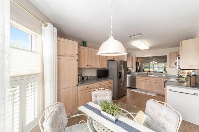 3393 Talley Ridge Dr, The Villages, FL 32162 - kitchen with light brown cabinetry, stainless steel appliances, wood finished floors, decorative light fixtures, and a sink