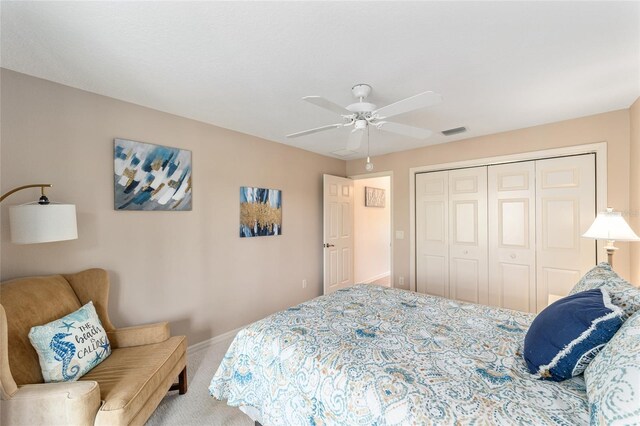 3393 Talley Ridge Dr, The Villages, FL 32162 - bedroom featuring carpet floors, a closet, baseboards, and a ceiling fan