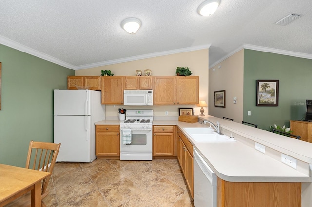 kitchen with white appliances, a sink, a peninsula, ornamental molding, and light countertops