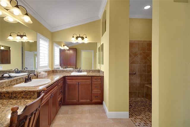 1828 Hollow Branch Way, The Villages, FL 32162 - full bathroom featuring ornamental molding, a walk in shower, double vanity, tile patterned flooring, and vaulted ceiling