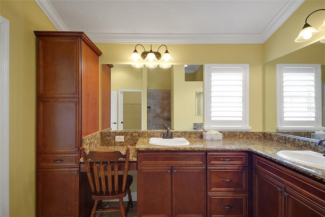 1828 Hollow Branch Way, The Villages, FL 32162 - full bath featuring a shower stall, crown molding, and double vanity