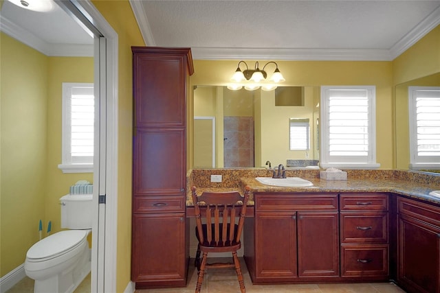 1828 Hollow Branch Way, The Villages, FL 32162 - full bathroom featuring healthy amount of natural light, crown molding, toilet, double vanity, and a tile shower