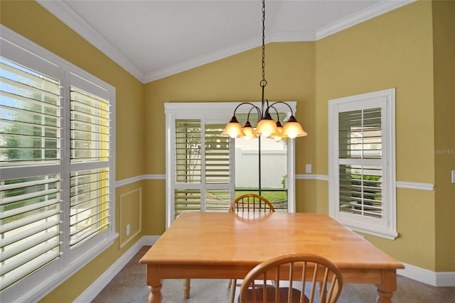 1828 Hollow Branch Way, The Villages, FL 32162 - dining area with a chandelier, lofted ceiling, plenty of natural light, ornamental molding, and baseboards