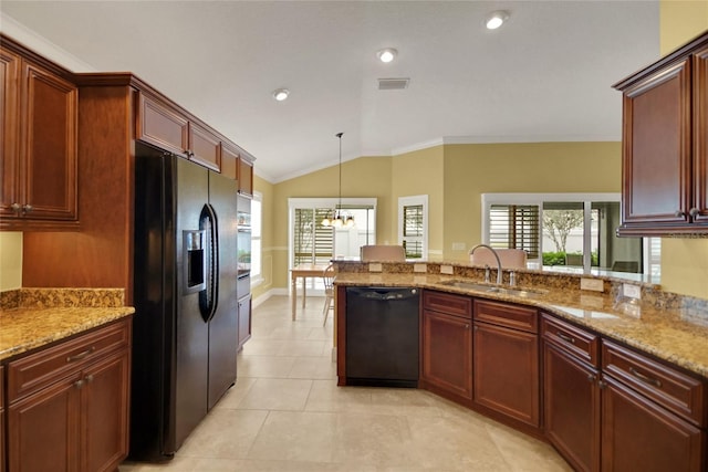1828 Hollow Branch Way, The Villages, FL 32162 - kitchen featuring black appliances, a sink, vaulted ceiling, a chandelier, and light stone countertops