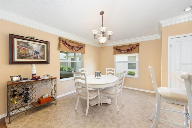 616 Hartford Ln, The Villages, FL 32162 - dining area featuring a chandelier, crown molding, baseboards, light tile patterned floors, and a textured ceiling