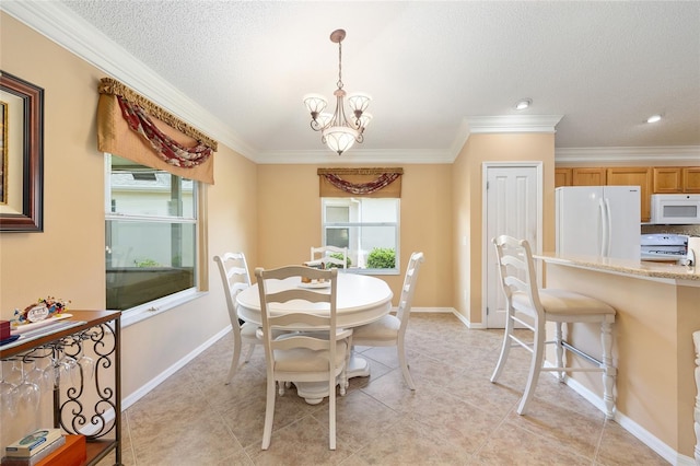 616 Hartford Ln, The Villages, FL 32162 - dining area featuring a chandelier, crown molding, a textured ceiling, light tile patterned floors, and baseboards