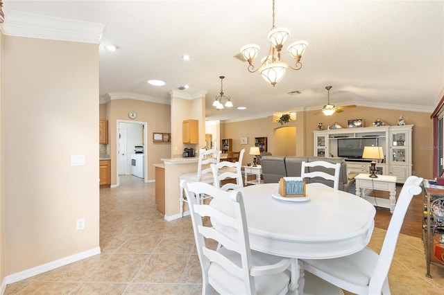 616 Hartford Ln, The Villages, FL 32162 - dining space with ceiling fan, ornamental molding, a chandelier, vaulted ceiling, and recessed lighting
