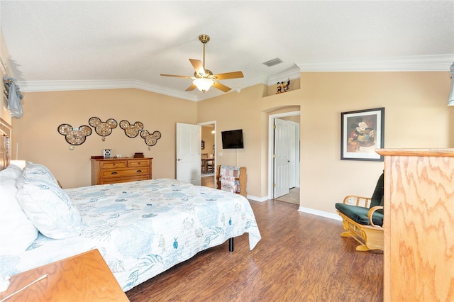 616 Hartford Ln, The Villages, FL 32162 - bedroom featuring lofted ceiling, crown molding, dark wood-style floors, baseboards, and a ceiling fan
