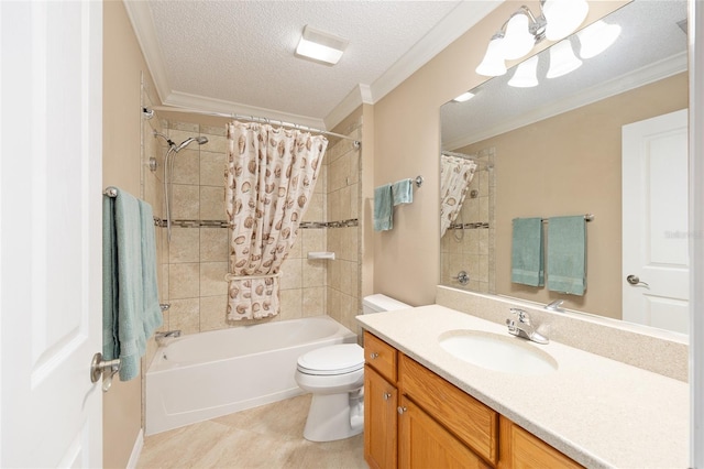 616 Hartford Ln, The Villages, FL 32162 - full bathroom featuring ornamental molding, toilet, a textured ceiling, shower / bath combo, and vanity