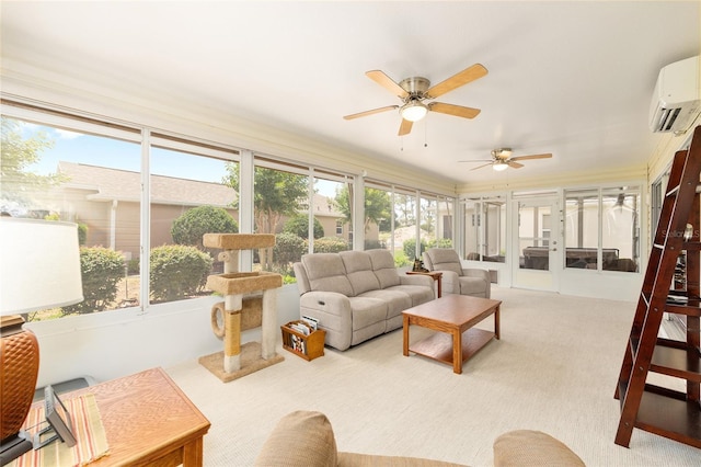 616 Hartford Ln, The Villages, FL 32162 - sunroom with a wall unit AC, ceiling fan, an outdoor hangout area, and carpet