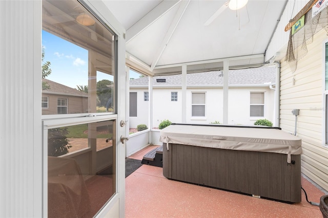 616 Hartford Ln, The Villages, FL 32162 - sunroom / solarium featuring a hot tub and a ceiling fan