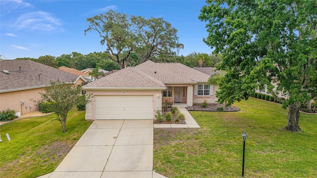 12687 SE 90th Ter, Summerfield, FL 34491 - ranch-style home with a garage, concrete driveway, a front lawn, stucco siding, and a shingled roof