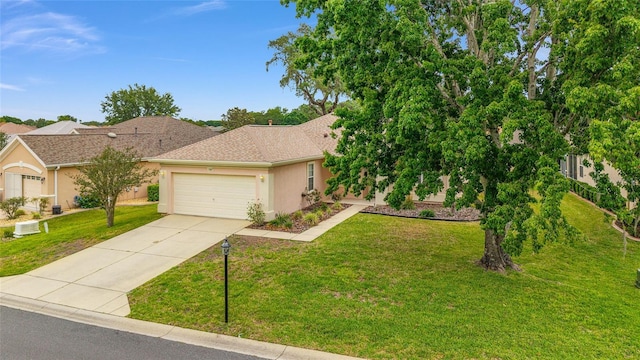 12687 SE 90th Ter, Summerfield, FL 34491 - view of front of house with a garage, concrete driveway, a front yard, stucco siding, and roof with shingles