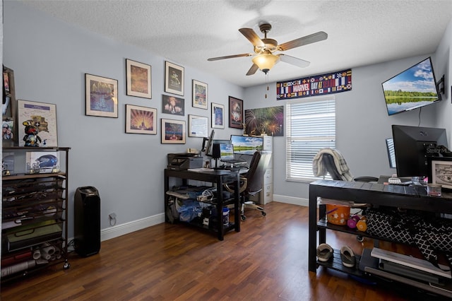 office space with ceiling fan, wood finished floors, baseboards, and a textured ceiling