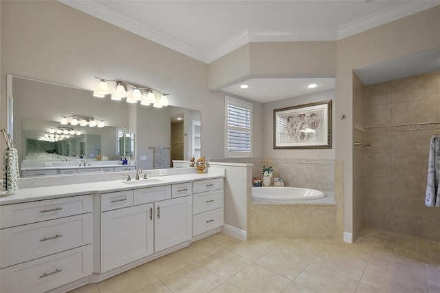 2125 Horizon Run, The Villages, FL 32162 - full bathroom featuring a garden tub, vanity, ornamental molding, tile patterned flooring, and walk in shower