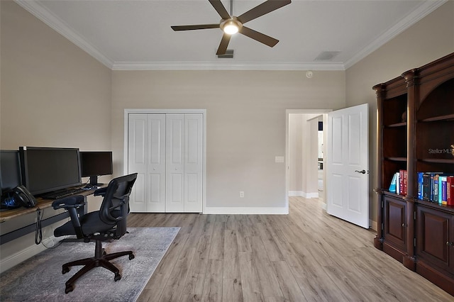 2125 Horizon Run, The Villages, FL 32162 - office area featuring crown molding, ceiling fan, light wood-type flooring, and baseboards