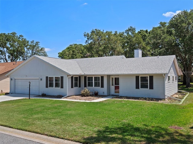 single story home featuring a chimney, an attached garage, a front lawn, concrete driveway, and roof with shingles