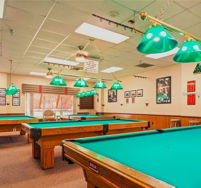playroom featuring a paneled ceiling, billiards, wainscoting, and carpet flooring