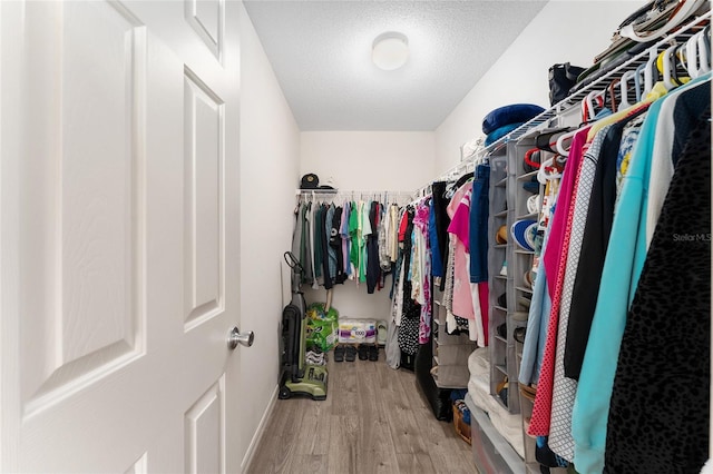 walk in closet with wood finished floors