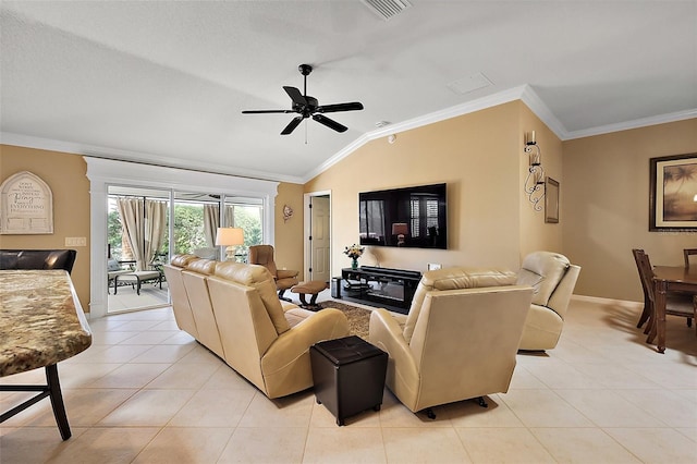 1053 Alcove Loop, The Villages, FL 32162 - living room with light tile patterned flooring, lofted ceiling, a ceiling fan, ornamental molding, and baseboards