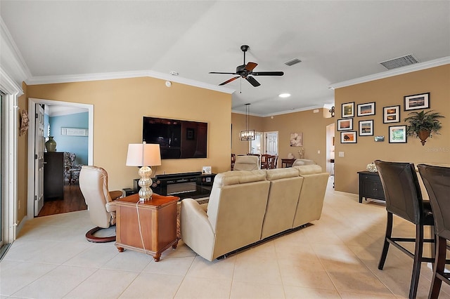 1053 Alcove Loop, The Villages, FL 32162 - living room featuring ceiling fan, crown molding, light tile patterned floors, recessed lighting, and lofted ceiling
