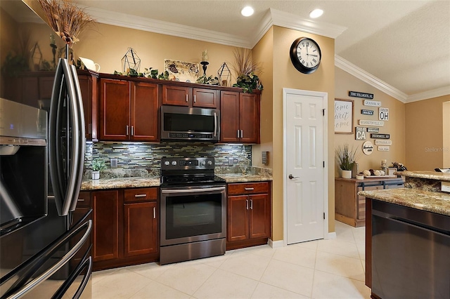 1053 Alcove Loop, The Villages, FL 32162 - kitchen featuring stainless steel appliances, tasteful backsplash, dark brown cabinets, light stone counters, and ornamental molding