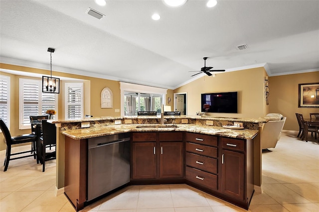 1053 Alcove Loop, The Villages, FL 32162 - kitchen featuring a sink, dishwasher, ornamental molding, light tile patterned floors, and pendant lighting