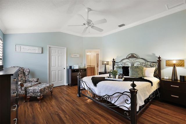 1053 Alcove Loop, The Villages, FL 32162 - bedroom featuring dark wood-style flooring, crown molding, lofted ceiling, and a ceiling fan