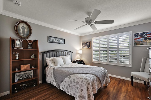 1053 Alcove Loop, The Villages, FL 32162 - bedroom with crown molding, a textured ceiling, wood finished floors, baseboards, and a ceiling fan