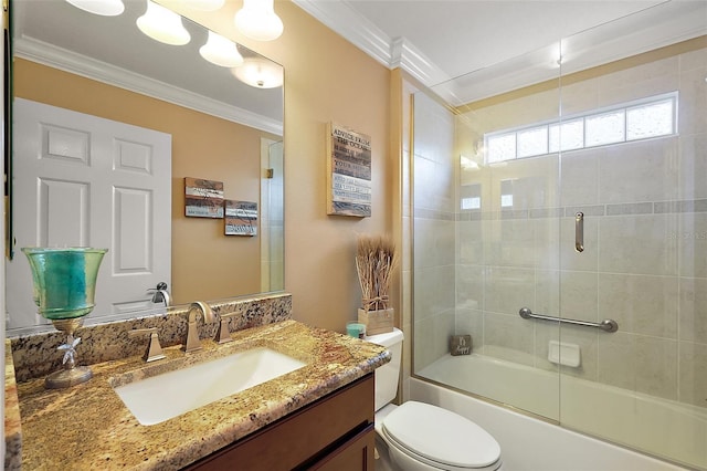 1053 Alcove Loop, The Villages, FL 32162 - bathroom featuring ornamental molding, toilet, shower / bath combination with glass door, and vanity