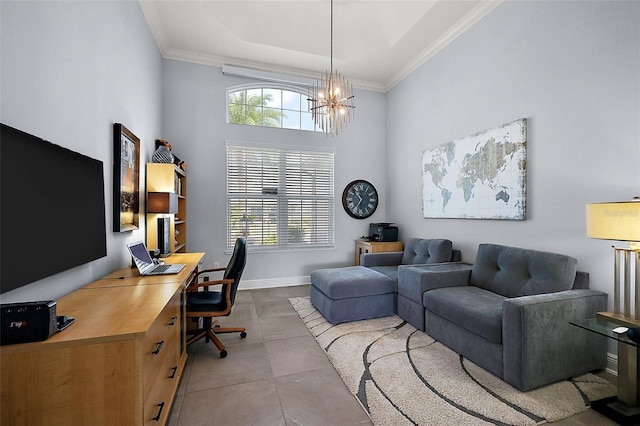 4033 Swaying Palm Ct, The Villages, FL 32163 - office area featuring a chandelier, ornamental molding, a towering ceiling, and baseboards