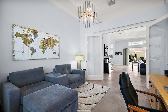 4033 Swaying Palm Ct, The Villages, FL 32163 - tiled living room featuring a chandelier, baseboards, a high ceiling, and french doors