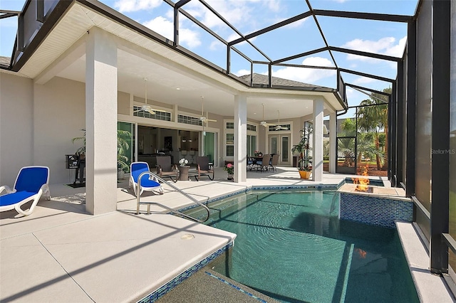4033 Swaying Palm Ct, The Villages, FL 32163 - swimming pool featuring a ceiling fan, a patio, and glass enclosure