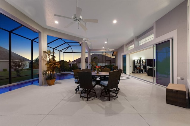 4033 Swaying Palm Ct, The Villages, FL 32163 - view of patio / terrace with a ceiling fan, an outdoor pool, outdoor dining space, and a lanai