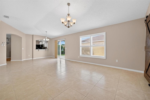 2744 Gresham Ave, The Villages, FL 32162 - unfurnished room with a chandelier, a textured ceiling, light tile patterned floors, arched walkways, and baseboards