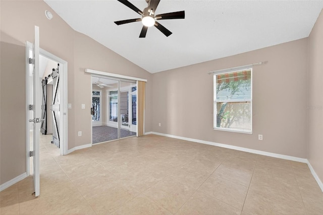 2744 Gresham Ave, The Villages, FL 32162 - unfurnished bedroom featuring multiple windows, access to outside, vaulted ceiling, light tile patterned floors, and baseboards