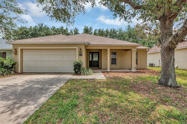 ranch-style home with stucco siding, an attached garage, driveway, central AC, and a porch