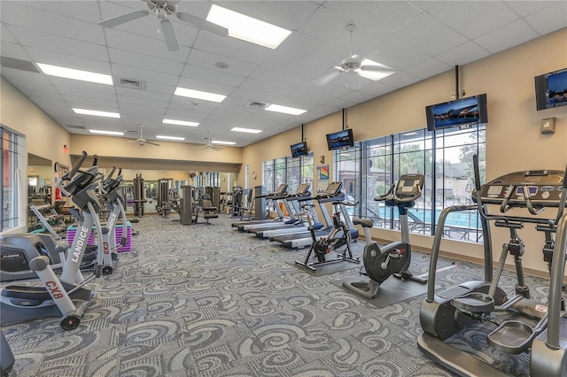 exercise room featuring a ceiling fan, healthy amount of natural light, a drop ceiling, and carpet flooring