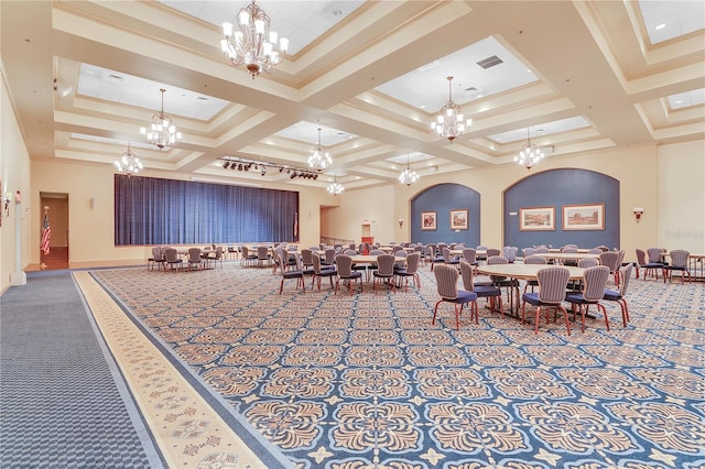 carpeted dining room featuring a chandelier, coffered ceiling, a towering ceiling, beamed ceiling, and baseboards