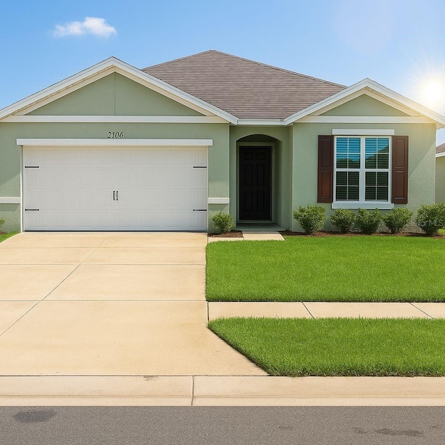 2106 Elio Ridge Dr, Zellwood, FL 32798 - single story home with a garage, driveway, a front lawn, roof with shingles, and stucco siding