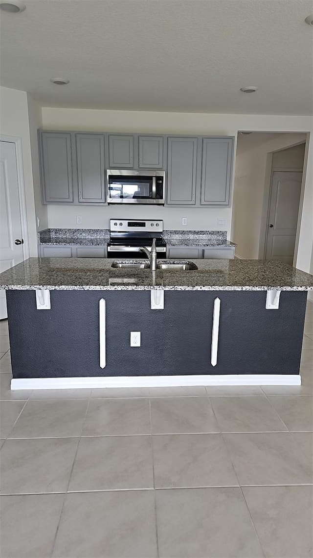 2106 Elio Ridge Dr, Zellwood, FL 32798 - kitchen with stainless steel appliances, gray cabinetry, and dark stone counters