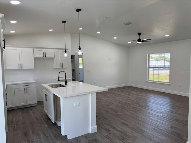 2 Pine Terrace Way, Ocala, FL 34472 - kitchen featuring a sink, a ceiling fan, dark wood-style flooring, a center island with sink, and recessed lighting