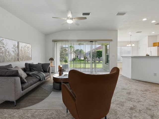 8601 SE 133rd St, Summerfield, FL 34491 - living area featuring light carpet, vaulted ceiling, ceiling fan, recessed lighting, and baseboards