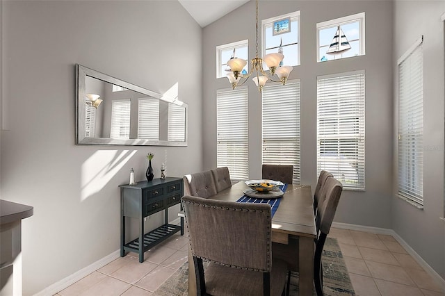 5604 Gulf Stream St, Tavares, FL 32778 - dining room with tile patterned flooring, a chandelier, healthy amount of natural light, baseboards, and high vaulted ceiling