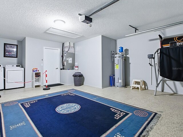 1722 Moreno Pl, The Villages, FL 32159 - garage featuring washer and dryer, a garage door opener, water heater, heating unit, and baseboards