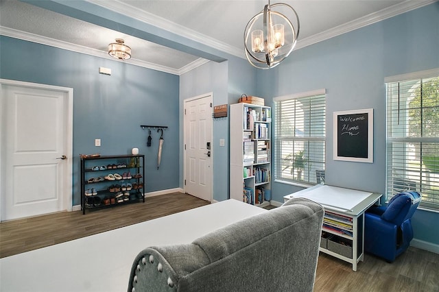 1155 Dora Parc Ln, Mount Dora, FL 32757 - bedroom featuring wood finished floors, a chandelier, multiple windows, crown molding, and baseboards