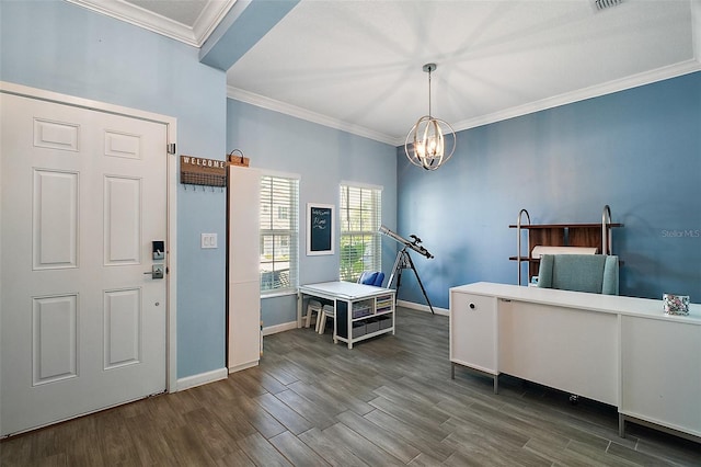 1155 Dora Parc Ln, Mount Dora, FL 32757 - entrance foyer featuring a chandelier, dark wood-style floors, crown molding, and baseboards