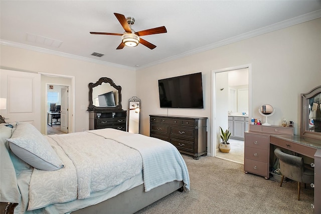 1155 Dora Parc Ln, Mount Dora, FL 32757 - bedroom with ornamental molding, light colored carpet, ceiling fan, and ensuite bathroom