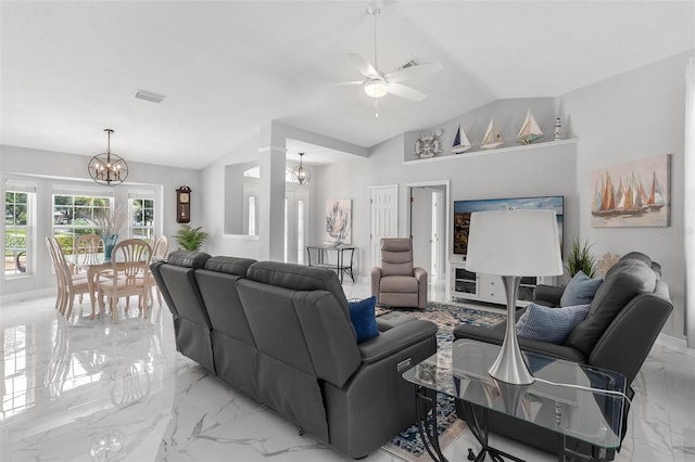 5400 Saddleback Ct, Lady Lake, FL 32159 - living area featuring a chandelier, light marble finish floors, lofted ceiling, and ceiling fan