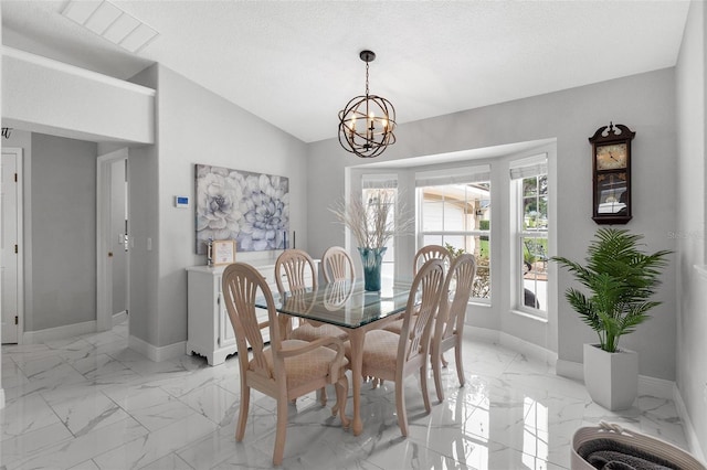 5400 Saddleback Ct, Lady Lake, FL 32159 - dining space with light marble finish floors, a chandelier, baseboards, vaulted ceiling, and a textured ceiling